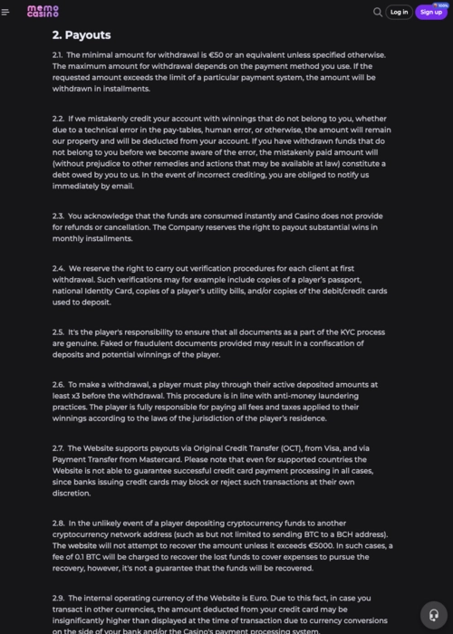 Instant withdrawal banking system Memo Casino